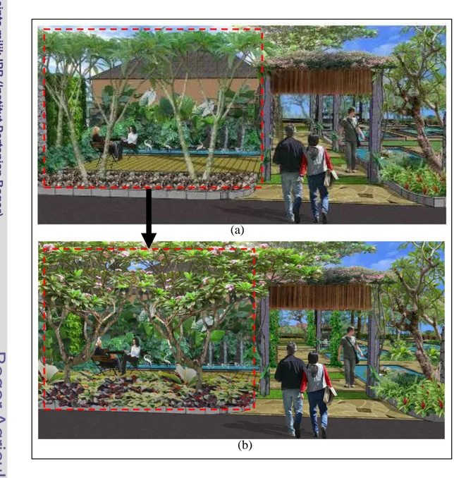 Gambar 33  Artist impression area masuk utama kantor dan sekitarnya di Blooms  and Greens Nursery  (a) sebelum revisi dan (b) setelah revisi  