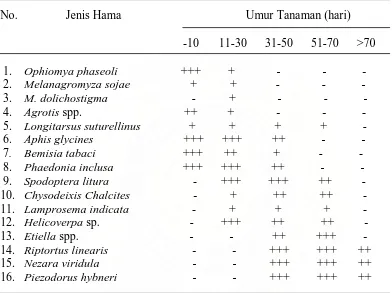 Tabel 1. Beberapa hama penting dan pola infestasi hama selama pertumbuhan kedelai  