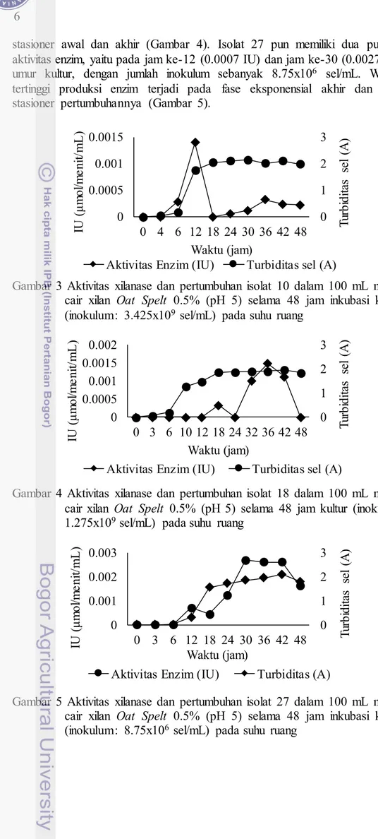 Gambar  3  Aktivitas  xilanase  dan  pertumbuhan  isolat  10  dalam  100  mL  media  cair  xilan  Oat  Spelt  0.5%  (pH  5)  selama  48  jam  inkubasi  kultur  (inokulum:  3.425x10 9  sel/mL)  pada suhu  ruang 