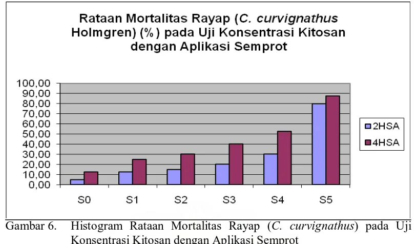 Gambar 6.  Histogram Rataan Mortalitas Rayap ( C. curvignathus) pada Uji Konsentrasi Kitosan dengan Aplikasi Semprot 