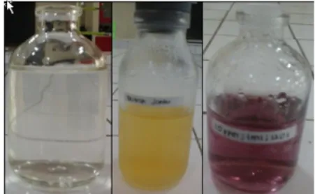 Gambar 1. Sampel berisi larutan HAuCl 4 (10 ppm) (A) ekstrak buah jambu biji merah (B) larutan HAuCl 4 (10 ppm) setelah 120 detik direaksikan dengan ekstrak (C)