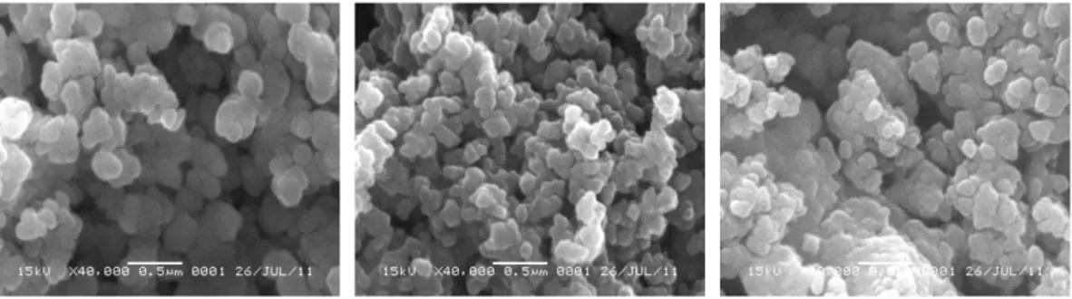 Gambar 4.  Foto  SEM  perbesaran  40.000  kali  dari  nanopartikel  TiO 2 -CoFe 2 O 4  dengan  variasi  pelarut ; [a] pelarut etanol [b] pelarut1-propanol [c] pelarut isopropanol 