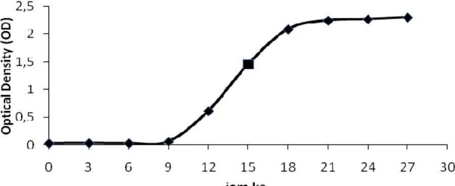Gambar 1. Kurva pertumbuhan isolat bakteri Azospirillum sp.JG3  Fase  logaritmik  (eksponensial)  