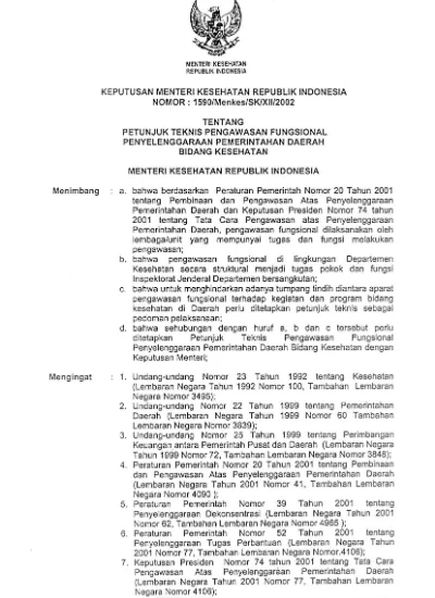 Keputusan Menteri Kesehatan Republik Indonesia Nomor 1590/MENKES/SK/XII ...