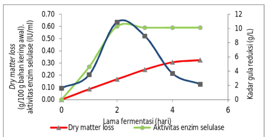 Gambar 2. Hubungan antara pertumbuhan biomassa, aktivitas enzim selulase dan kadar gula reduksi yang  dihasilkan pada proses hidrolisis batang pohon singkong dengan penambahan amonium sulfat 1% 