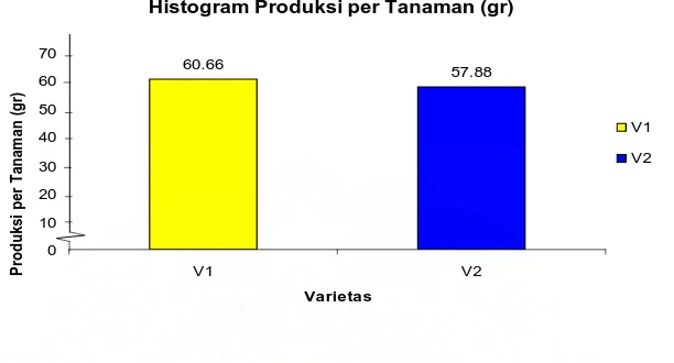 Gambar 8. Histogram rataan produksi per tanaman (gr) pada                       perlakuan Varietas  