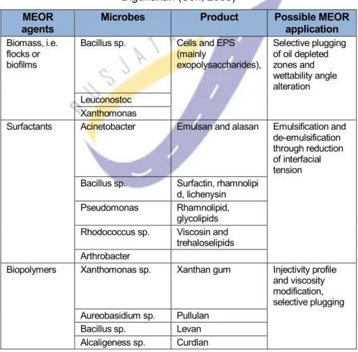 Tabel 2.4 Kemungkinan Pengaplikasian MEOR dan Jenis Mikroba yang  Digunakan (Sen, 2008) 