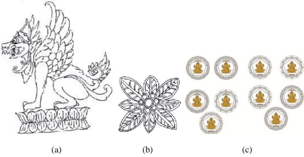 Gambar 2.   Desain (a) Patung Singa Ambara Raja (Simbol Kota Singaraja),  (b) Asesoris, dan (c) Pin