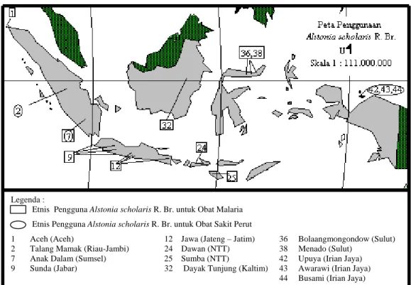 Gambar 3. Peta Penggunaan Alstonia scholaris R. Br. oleh Berbagai Etnis di Indonesia sebagai Obat         Malaria dan Sakit Perut 