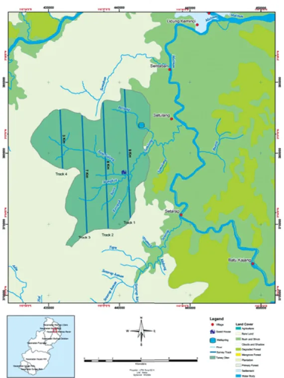 Gambar 1.  Peta dan peletakan jalur inventarisasi di hutan Tane’ Olen desa Setulang
