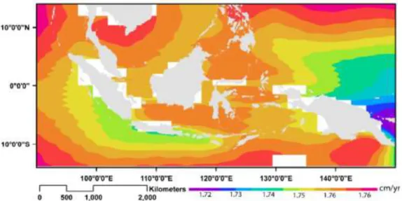 Gambar  9.  Estimasi  laju  kenaikan  TML  di  Indonesia  berdasarkan  model  dengan penambahan dynamic ice melting (Bappenas, 2010) 