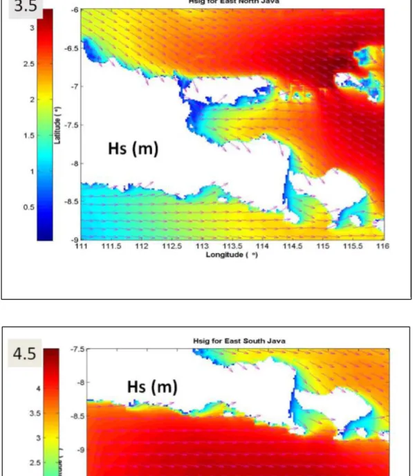 Gambar 6 Hasil simulasi gelombang ekstrem di Perairan Utara Jawa (kiri) dan di Perairan Selatan Jawa 