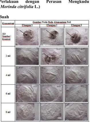 Gambar  2.  Noda  Pada  Alumunium  Foil  dengan  Berbagai  Konsentrasi  Perasan  Buah  Mengkudu (Morinda citrifolia L.)  