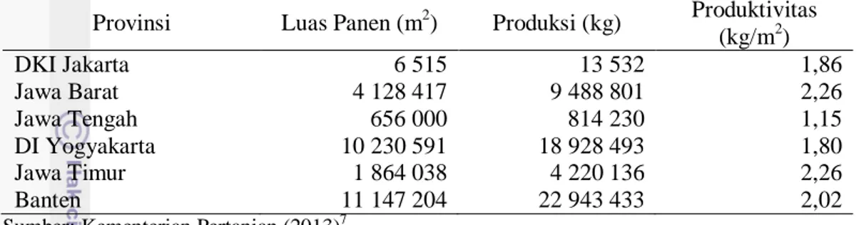 Tabel 4  Luas panen, produksi, dan produktivitas kunyit di pulau Jawa tahun 2011  Provinsi  Luas Panen (m 2 )  Produksi (kg)  Produktivitas 