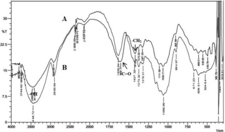 Gambar 4. Spektra FTIR CMC (A) dan selulosa pelepah kelapa sawit (B)  