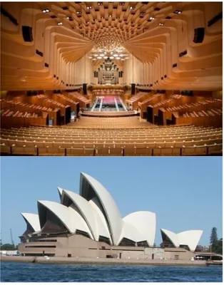 Gambar 6.2  Kesinambungan suasana interior  dari Sidney  Opera (atas) dengan tampilan eksteriornya (bawah)  Di  dalam  setiap  bangunan  yang  dirancang  oleh  arsitek  selalu  berdasarkan  pada  fungsi-fungsi  dengan   kegiatan-kegiatan  yang  terjadi  di
