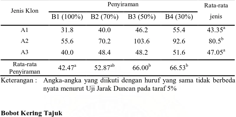 Tabel 3. Hasil Uji Jarak Duncan Pertambahan Jumlah Daun Ketiga Jenis Klon dari Umur 0 MST Umur 12 MST Penyiraman 