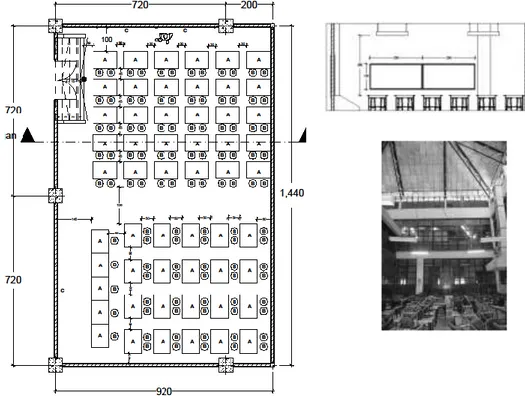 Gambar 2.  Layout ruang HL.107A, potongan ruang &amp; kondisi ruang HL.107A  Perabot 