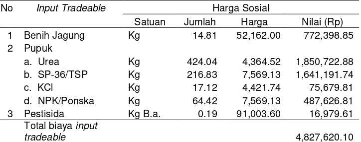 Tabel 33. Biaya input tradeable dalam harga sosial pada usahatani jagung hibrida per hektar di Kecamatan Ketapang Kabupaten Lampung Selatan, MT I  tahun 2008/2009 