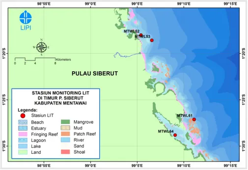 Gambar 1. Peta lokasi “monitoring” kesehatan terumbu karang di perairan  Samukop Saliguma, Pulau Siberut bagian timur, Kabupaten  Mentawai, 2011