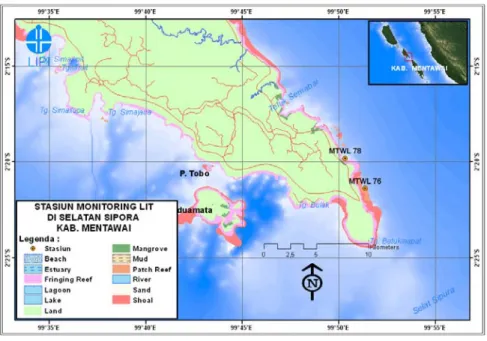 Gambar 2.  Peta lokasi “monitoring” kesehatan terumbu karang di perairan  Bosua, Pulau Sipora bagian selatan, Kabupaten Mentawai,   2 0 1 1 
