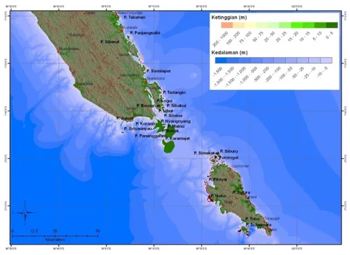 Gambar 4. Peta topografi Pulau Siberut Selatan dan Pulau Sipora,  Kabupaten Mentawai, 2011