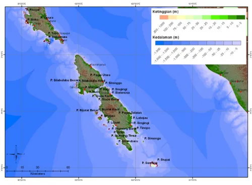 Gambar 5. Peta topografi Pulau Pagai Utara dan Pulau Pagai Selatan,  Kabupaten Mentawai, 2011 