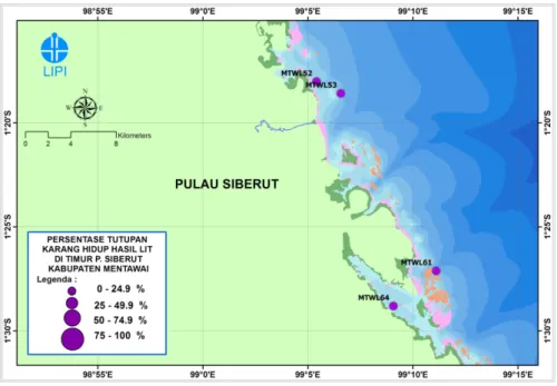 Gambar 13. Peta persentase tutupan karang hidup hasil monitoring dengan   metode “LIT” di perairan Samukop, Pulau Siberut bagian timur,  Kabupaten Mentawai, 2011