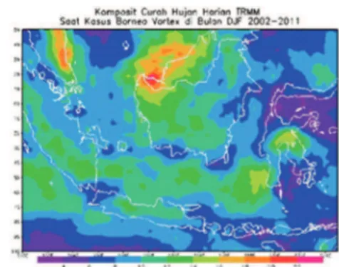 Gambar 4.4 Komposit Curah Hujan Harian TRMM saat  Kasus Borneo Vortex DJF 2002-2011 