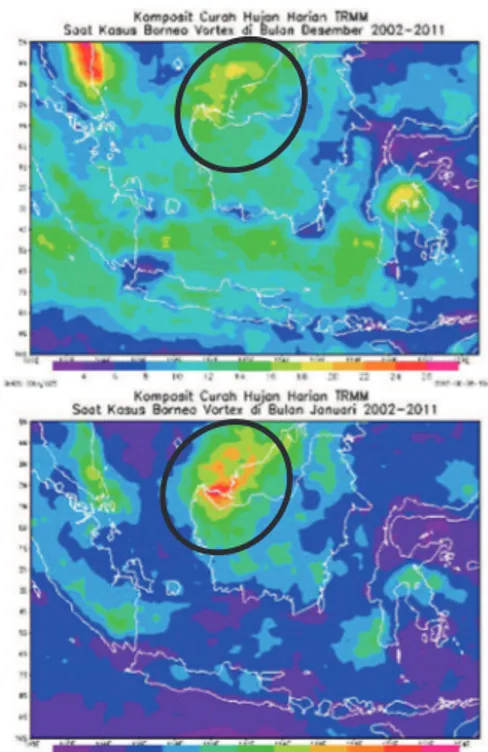 Gambar 4.5 Komposit Curah Hujan Harian TRMM DJF  2002-2011 saat Borneo Vortex day (atas) dan saat no Borneo 