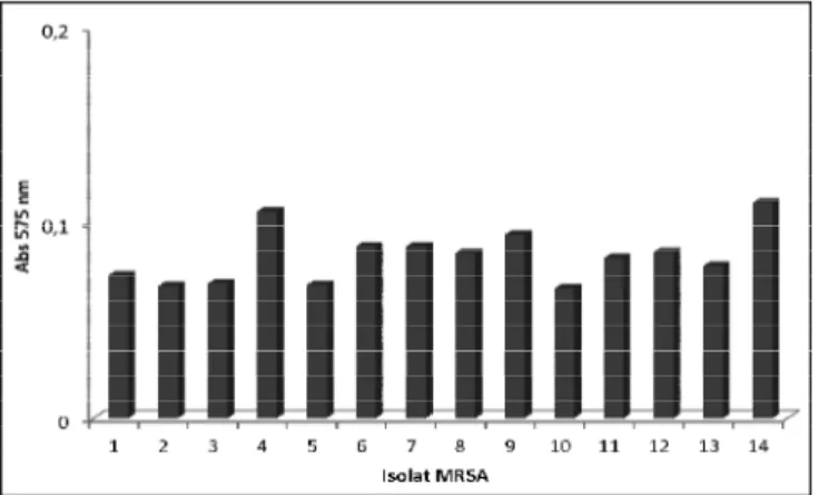Gambar 2. Hasil uji mikrotiter plate pada isolat MRSA dengan pewarnaan kristal violet 1%