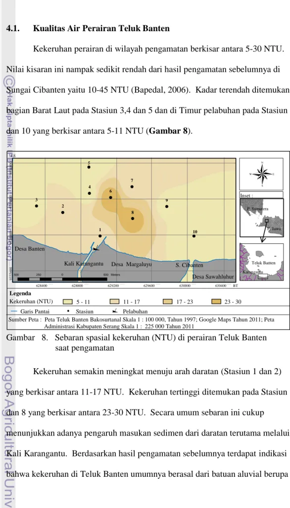 Gambar   8.   Sebaran spasial kekeruhan (NTU) di perairan Teluk Banten                           saat pengamatan 