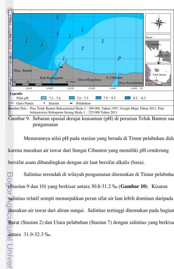 Gambar 9.  Sebaran spasial derajat keasaman (pH) di perairan Teluk Banten saat  pengamatan 