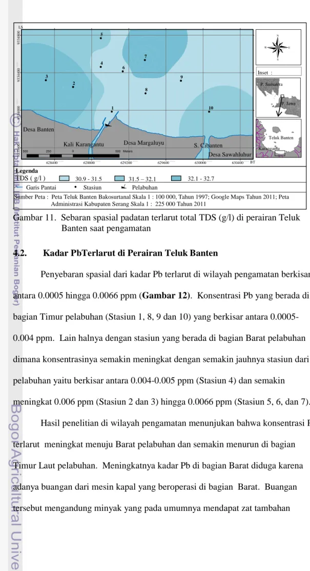 Gambar 11.  Sebaran spasial padatan terlarut total TDS (g/l) di perairan Teluk            Banten saat pengamatan 