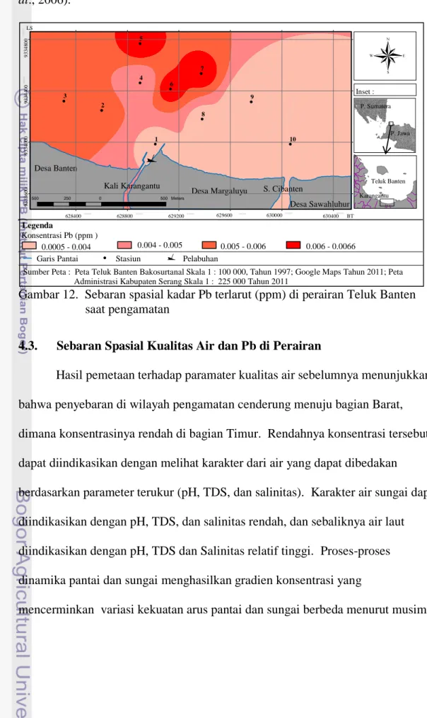 Gambar 12.  Sebaran spasial kadar Pb terlarut (ppm) di perairan Teluk Banten            saat pengamatan 