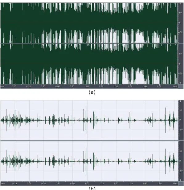 Gambar 14.  File suara sebelum (a) dan sesudah (b) dihilangkan noise. 