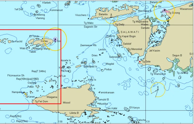 Gambar 2. Peta Nautikal, menunjukkan Raja Ampat bagian Selatan: Kofiau, Boo dan Misool