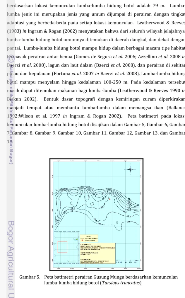 Gambar 5.  Peta batimetri perairan Gusung Mungu berdasarkan kemunculan   lumba-lumba hidung botol (Tursiops truncatus) 