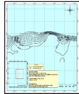 Gambar 6.  Peta batimetri perairan Karang Baronang berdasarkan kemunculan   lumba-lumba hidung botol (Tursiops truncatus) 