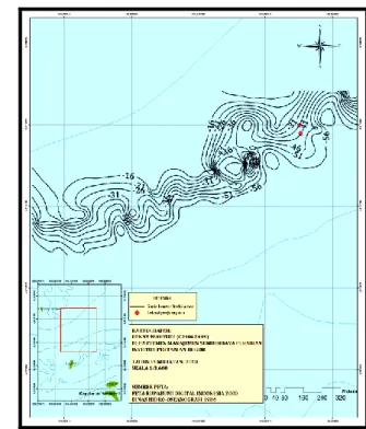 Gambar 10.  Peta batimetri perairan Goba Tipis berdasarkan kemunculan   lumba-lumba hidung botol (Tursiops truncatus) 