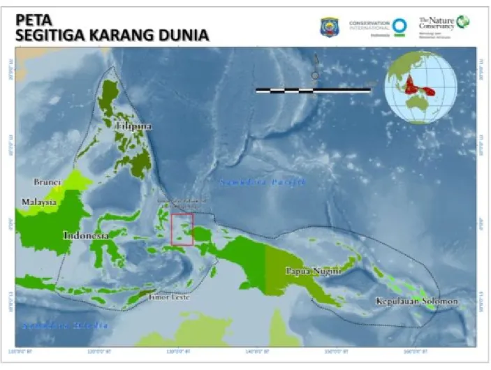 Gambar 1 Peta Kepulauan Raja Ampat dan Posisinya di kawasan Segitiga Karang