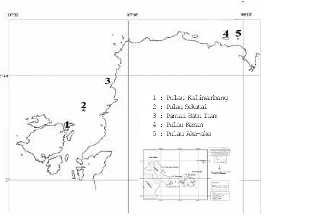 Gambar 1. Stasiun penelitian ikan karang di perairan Belitung Barat (Pulau Kalimambang, Pulau Sekutai, Pantai Batu Itam, Pulau Keran dan Pulau Ake-ake)