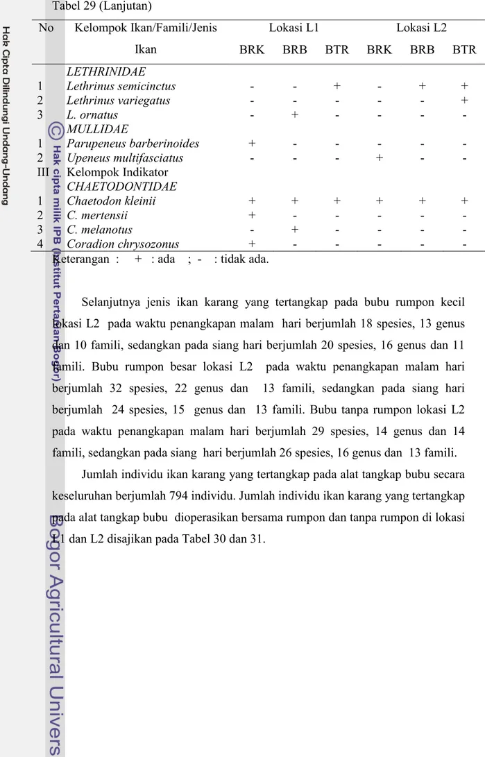 Tabel 29 (Lanjutan)  Lokasi L1  Lokasi L2 No Kelompok Ikan/Famili/Jenis  Ikan  BRK BRB BTR BRK BRB BTR  LETHRINIDAE  1 Lethrinus semicinctus  - - + - + + 2 Lethrinus variegatus  - - - - - + 3 L
