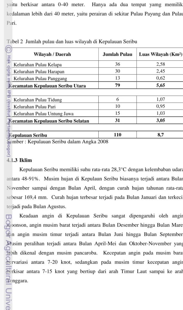 Tabel 2  Jumlah pulau dan luas wilayah di Kepulauan Seribu 