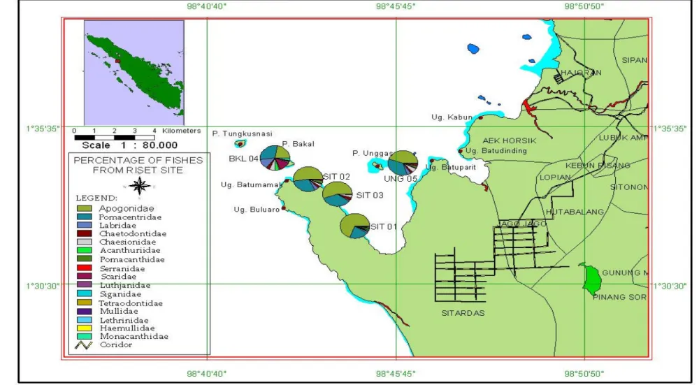 Gambar 16 Peta persentase kehadiran relatif ikan karang pada stasiun penelitian di perairan Sitardas Kabupaten Tapanuli Tengah 