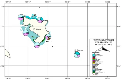 Gambar 2. Persentase tutupan untuk masing-masing kategori  biota dan substratnya hasil monitoring di perairan  Pulau Mapur
