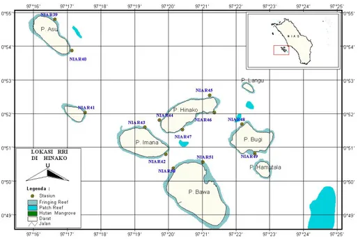 Gambar 2.  Posisi stasiun penelitian untuk karang, bentos dan  ikan karang dengan metode RRI di perairan  Pulau-pulau Hinako, Kabupaten Nias