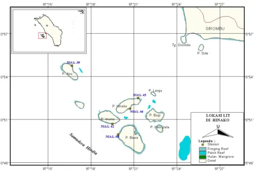 Gambar 3.  Posisi stasiun penelitian untuk karang, mega ben- ben-thos dan ikan karang untuk transek permanen di  pantai utara P