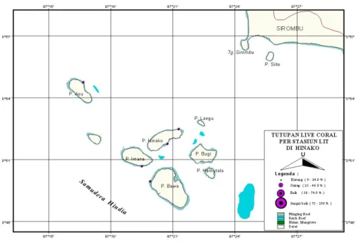 Gambar 4.  Peta kondisi terumbu karang berdasarkan  persentase tutupan karang hidup hasil RRI di  perairan Pulau-pulau Hinako, Kabupaten Nias