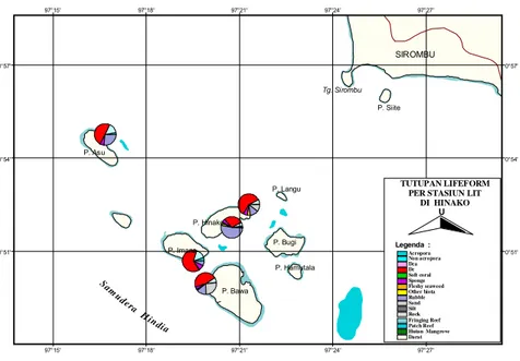 Gambar 6.  Peta persentase tutupan karang kategori biota  bentik lainnya dan substrat hasil LIT di perairan  Pulau-pulau Hinako, Kabupaten Nias